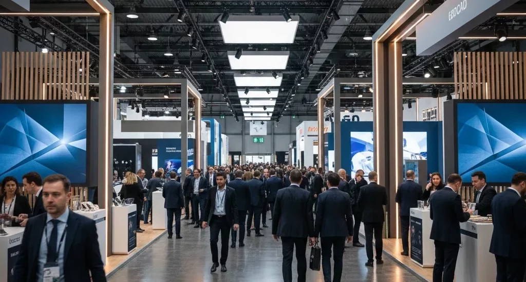 Agence de stand Paris – allée centrale d’un salon professionnel à forte affluence, zone stratégique pour maximiser la visibilité des exposants