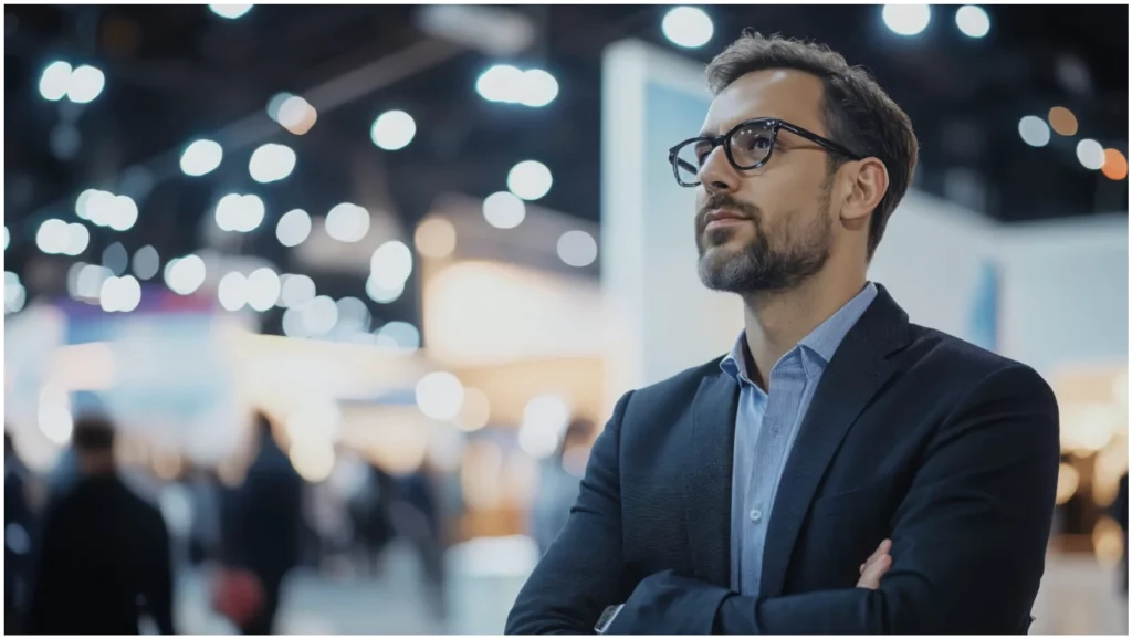 Un concepteur de stand analyse l’environnement d’un salon professionnel parisien afin d’imaginer un stand moderne, impactant et adapté aux objectifs de visibilité de l’exposant.