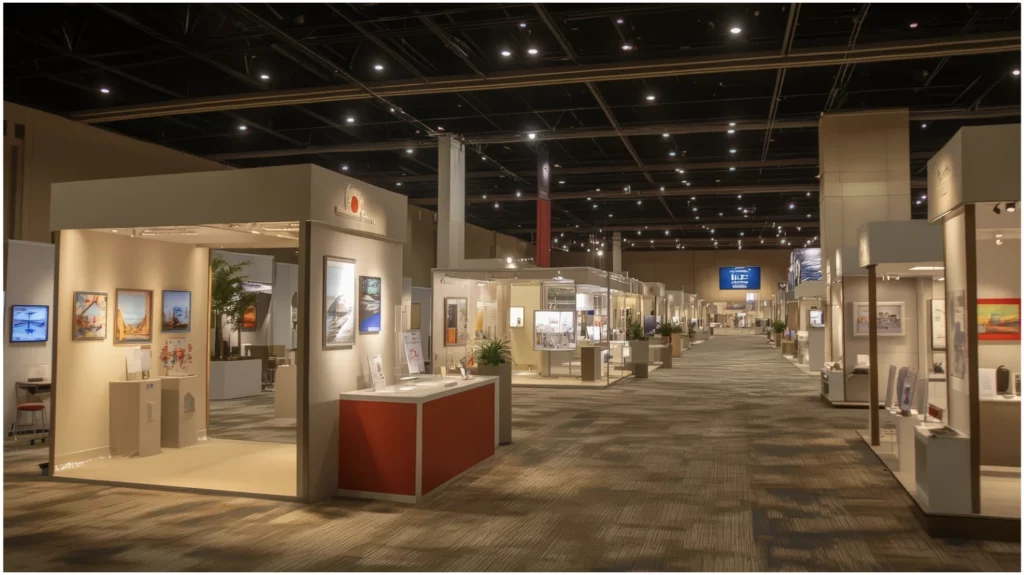 Stand design Paris dans un salon professionnel avec allées et stands exposants
