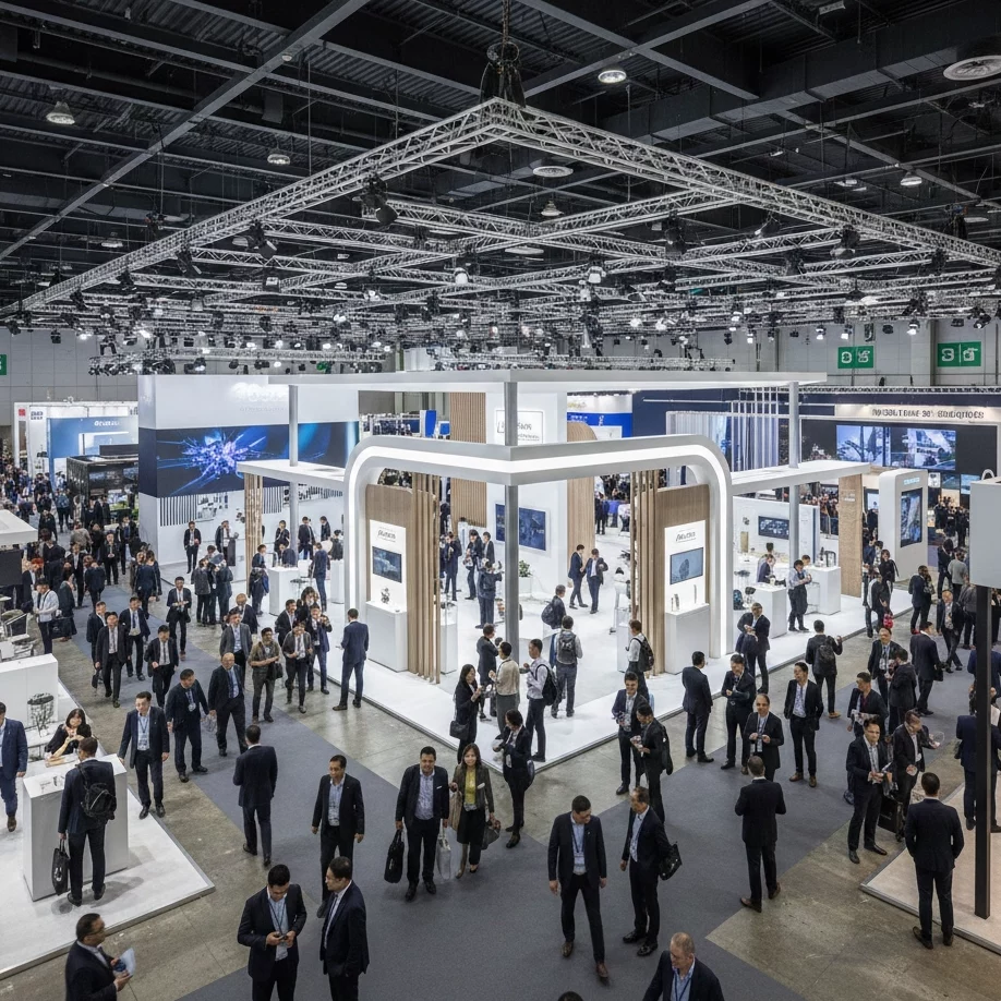 Agence de stand Paris – vue d’ensemble d’un salon professionnel avec stands bien positionnés et forte fréquentation visiteurs