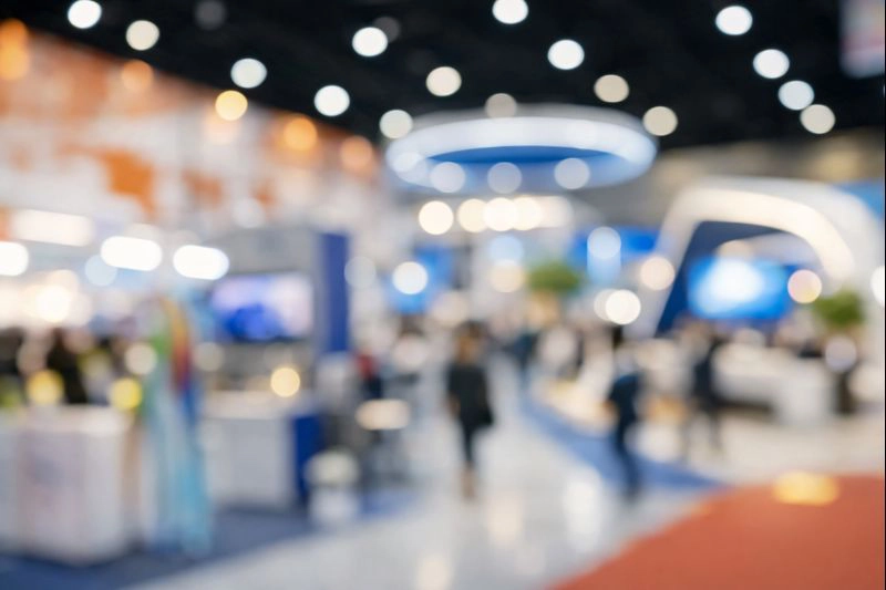 Allée de salon professionnel à Paris avec stands modulaires et visiteurs