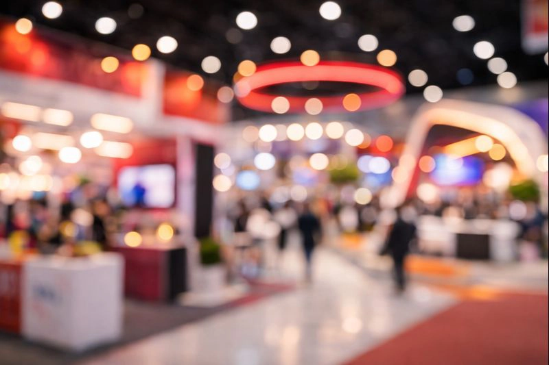 Allée de salon à Lyon avec stands exposants