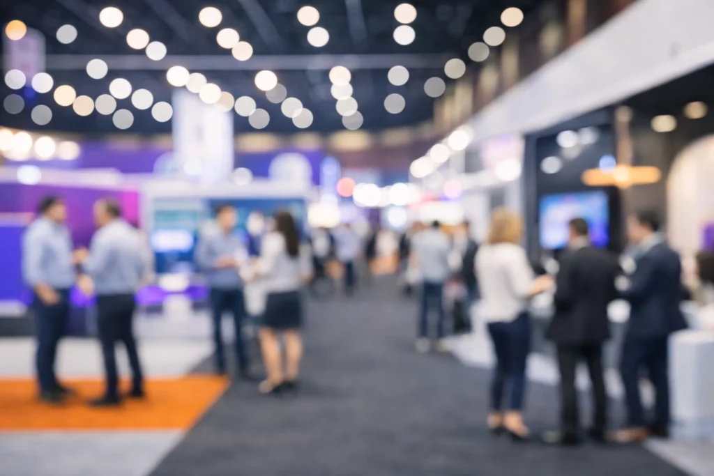 Allée de salon professionnel avec stands modulaires et visiteurs